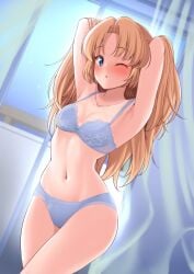 1girls armpits arms_behind_head arms_up bad_id bad_twitter_id blonde_hair blue_bra blue_eyes blue_panties blush bra breasts cleavage commission curtains dream_c_club_(series) dream_c_club_gogo. hisakabe_oto indoors long_hair looking_at_viewer navel one_eye_closed panties seira_(dream_c_club_gogo.) skeb_commission solo thighs underwear underwear_only window