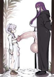 ai_generated breasts female fern_(sousou_no_frieren) frieren frieren_beyond_journey's_end full-package_futanari futa_on_female futanari futanari/female heavy_balls hi_res huge_cock hung_futanari intersex large_balls large_breasts looking_down myth1c2 penis_awe purple_hair size_difference sousou_no_frieren tall_futa