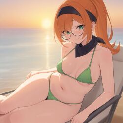ai_generated bandana beach_chair bikini breasts ginger glasses green_eyes ponytail small_breasts thighs