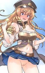 absurdres belt black_hat blue_eyes blue_skirt blush braid breasts brown_belt brown_hair censored cleavage commentary_request commission female full-face_blush furaggu_(frag_0416) granblue_fantasy hat highres large_breasts lecia_(granblue_fantasy) long_hair mosaic_censoring navel no_panties open_mouth peaked_cap pixiv_commission pussy skirt solo standing stomach thighs tongue variant_set wind wind_lift