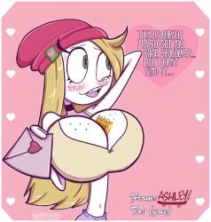 1girls ashley_(honeymapache) blonde_hair blush breasts choker cleavage clothed female freckles freckles_on_breasts hat headgear honeymapache huge_breasts midriff skinny slender_body solo_female stickman talking_to_viewer top_heavy valentine's_day