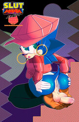 1boy alternate_body_type androgynous anus balls blue_fur crossdressing femboy feminine_male furry girly hat hedgehog hoop_earrings jacket male male_only mammal penis regalia_(artist) solo sonic_(series) sonic_the_hedgehog spread_ass testicles thighhighs trap