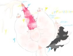 absurd_res anus ass balls big_penis blush bodily_fluids cum cum_drip cum_dripping_from_penis dripping ejaculation feet feral genital_fluids genitals hair heart_symbol hi_res huge_cock ijijil long_penis looking_up lying male on_back orgasm pawpads penis solo sound_effects spread_toes tail tem temmie_(undertale) text toes tongue tongue_out undertale undertale_(series)