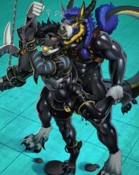 100racs absurd_res anthro anthro_on_anthro anthro_penetrated anthro_penetrating anthro_penetrating_anthro ball_gag beard black_latex black_penis blonde_beard blonde_facial_hair blue_hair blush bound braided_hair bulge dragon duo erection facial_hair facial_piercing fish gag gagged genitals grey_body hair hands_tied hi_res knot latex male male/male male_penetrated male_penetrating male_penetrating_male marine mythological_creature mythological_scalie mythology nose_piercing nose_ring null_bulge obscured_penetration penetration penis piercing ring_piercing scalie septum_piercing septum_ring sex shark standing standing_sex striped_arms tail tail_tuft tuft white_body yellow_eyes yellow_gag