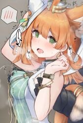 1other @_@ absurdres animal_ear_fluff animal_ears arknights breasts cat_ears cat_girl cat_tail commentary_request doctor_(arknights) earrings female fuu_hoshimi grabbing_another's_breast green_eyes groping highres jewelry kemonomimi lactation long_hair medium_breasts multi_ear open_mouth orange_hair papyrus_(arknights) solo_focus speech_bubble spoken_blush tail tail_ornament tail_ring tongue tongue_out