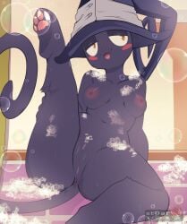 absurd_res anthro biped blair_(soul_eater) blush clothing detailed_background domestic_cat felid feline felis female fur genitals hat hat_only headgear headgear_only headwear headwear_only hi_res mammal mochii_tiger mostly_nude open_mouth open_smile orange_eyes pawpads pupils purple_body purple_fur purple_tail pussy raised_leg smile solo soul_eater tail tongue