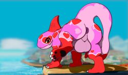 anus aquatic ass balls big_balls big_butt cetacean claws detailed_background dolphin genitals heart_(marking) heart_symbol hearts_around_head hi_res looking_at_viewer looking_back male male_only mammal markings non-human non-human_head non-human_only oceanic_dolphin one_foot_raised orca orcane outside pawpads perineum pink_body presenting presenting_hindquarters quadruped raised_tail rivals_of_aether smile smirk snout solo tail toe_claws toothed_whale waniiime wood