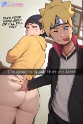1boy 1girls ai_generated angry_expression ass_grab back_view bare_thighs big_ass big_butt black_hair blonde_hair blue_eyes blush boruto:_naruto_next_generations brother_and_sister fat_ass futagenn gigantic_ass huge_thighs light-skinned_female light-skinned_male light_skin looking_at_viewer looking_back massive_ass naruto_(series) no_panties short_hair shounen_jump smiling squatting sweat sweatdrop thick_thighs thighs tongue_in_mouth uzumaki_boruto uzumaki_himawari voluptuous voluptuous_female
