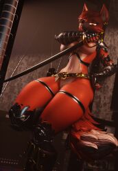 3d_(artwork) anaroth animatronic anthro barely_visible_genitalia barely_visible_vulva belt big_breasts breasts canid canine digital_media_(artwork) ear_piercing ear_ring eye_patch eyewear facial_piercing female five_nights_at_freddy's fox foxy_(fnaf) foxy_(mayosplash) fur genitals hand_on_hip hi_res holding_melee_weapon holding_object holding_sword holding_weapon inside leaning_on_wall machine mammal melee_weapon nose_piercing nose_ring one_eye_obstructed piercing red_body red_fur ring_piercing robot rule_63 sabre_(weapon) scabbard scottgames solo sword tail thick_thighs vulva weapon wide_hips yellow_eyes