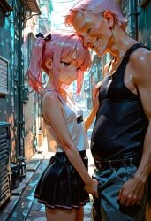 ai_generated alleyway breasts handjob happy morpholi old_male older_male_and_younger_female original_character pink_hair propositioning skirt small_breasts smirk