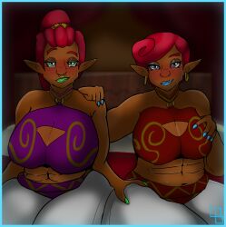 clothed_female duo_focus female_focus gerudo green_eyes grey_eyes loodboyo looking_at_viewer makeup nintendo piercings purple_clothing red_clothing red_hair sitting_on_bed the_legend_of_zelda
