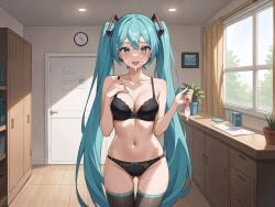 1girls ai_generated bra breasts cum_on_breasts cum_on_face hatsune_miku looking_at_viewer netorare panties solo standing used_condom