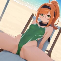 ai_generated bandana beach_chair breasts ginger glasses green_eyes one-piece_swimsuit ponytail small_breasts spread_legs thighs
