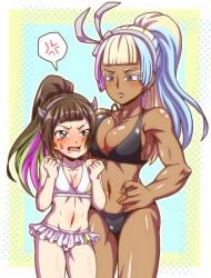 2girls angry armpit_peek beyblade beyblade_x big_breasts bikini blush bra breasts cleavage cute dark_skin dark_skinned_female hairband hand_on_hip head_on_breasts jealous light_skin light_skinned_female multicolored_hair nanairo_multi nanairo_shiguru panties sisters small_breasts stomach takara_tomy