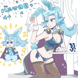 armpits ass_visible_through_thighs bare_arms bare_belly bare_shoulders blue_camisole blue_eyes blue_hair blue_panties breasts camisole cape clair_(pokemon) cleavage closed_mouth collarbone crop_top detached_collar fishnet_thighhighs fishnets long_hair mature_female medium_breasts on_knees panties pokemon poker_table rabbit_ears rabbit_tail shu_(witb_) side-tie_panties thighhighs thighs underwear wrist_cuffs