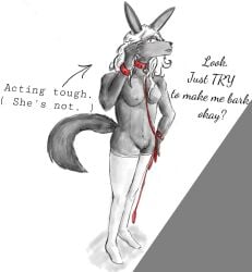 anthro anubian_jackal black_body black_fur canid canine canis clothing collar collar_only english_text female fur gueststar humanoid jackal leash leashed_collar legwear mammal nude solo stockings text