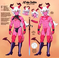 abs anthro athletic athletic_anthro athletic_male bulge demon erection flaccid foreskin genitals gold_(metal) gold_jewelry greatsword hair hi_res high_boots horn jewelry long_hair male model_sheet nails naughtyjester penis pointy_ears red_body red_eyes red_skin sharp_nails solo spade_tail tail uncircumcised white_hair yellow_sclera