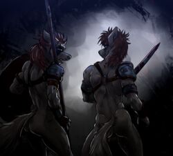 anthro anus armor ass backsack balls bandage biceps blood bracers canine clenched_teeth clothing dark gauntlets gladiator gloves harness male male_only mammal marsonaut melee_weapon mohawk morbid muscular nude polearm shield spear sweat sword teeth warpaint warrior weapon wolf