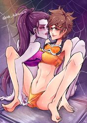 barefoot feet hand_in_panties helipeach overwatch panty_pull panty_pulled_slightly tracer widowmaker yuri