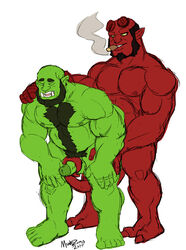 2017 2boys bald beard boner cigar doggy_style earrings erection facial_hair fantasy from_behind_position gay green_skin hairy hellboy hellboy_(series) humanoid interspecies male male/male male_only male_penetrating_male montezuma_(artist) musclechub muscular muscular_male nipples no_humans nude orc orc_male pecs pointy_ears red_skin sex simple_background smoking tail_on_penis tusks yaoi