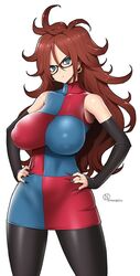 1girls abs android_21 android_21_(human) angry big_areola black_nails blue_eyes breasts busty clothed curly_hair curvaceous curvy dragon_ball dragon_ball_fighterz erect_nipples eyelashes female fully_clothed ginger glasses gynoid hoop_earrings hourglass_figure huge_breasts long_brown_hair long_hair nail_polish navel onomeshin pantyhose puffy_nipples red_hair solo spread_legs thick_thighs thigh_highs tights voluptuous wide_hips