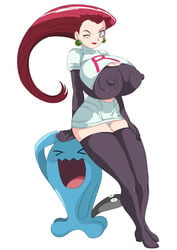 1girls alternate_version_available blue_eyes blush boots breasts busty cameltoe cleavage clothed curvaceous curvy elbow_gloves erect_nipples eyelashes female gigantic_breasts ginger huge_areolae jessie_(pokemon) lipstick long_hair navel nintendo pokemon puffy_nipples red_hair red_lips smile team_rocket thick_thighs thigh_highs thong tights toshiso voluptuous wide_hips wink wobbuffet