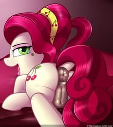 2017 anus ass bedroom_eyes cherry_jubilee_(mlp) cutie_mark earth_pony equine female feral friendship_is_magic green_eyes hair half-closed_eyes horse looking_at_viewer looking_back mammal my_little_pony neighday nude open_mouth pony presenting presenting_anus presenting_pussy pussy rear_view red_hair seductive smile solo