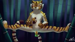 anthro cum dildo dreamworks feline female female_only fur hi_res kung_fu_panda looking_at_viewer mammal master_tigress masturbation nude object_insertion outside pussy sex_toy solo stripes tiger zagura