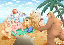 anthro arsalan ashigara ass beach bear canine casual_nudity chernobog cusith feline flaccid human lion male_only mammal moritaka nude pandaj penis sand_castle sculpture seaside slightly_chubby sport tokyo_afterschool_summoners tsathoggua volleyball