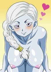 1girls angel angel_(dragon_ball) bending blue_skin blush braid breasts cus dragon_ball dragon_ball_super erect_nipples female happy hearts large_breasts mionkundani nipples nude ponytail ponytail_braid purple_eyes smile solo white_hair