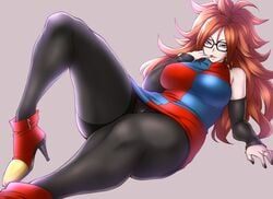 1girls :p android_21 android_21_(human) bare_shoulders big_ass big_breasts black_nails blue_eyes breasts brown_hair busty cameltoe clothed curly_hair curvaceous curvy dragon_ball dragon_ball_fighterz dress eyelashes female female_only finger_in_mouth ginger glasses gloves grey_background gynoid half-closed_eyes high_heel_boots high_heels hoop_earrings hourglass_figure huge_breasts large_ass large_breasts licking long_hair looking_at_viewer nail_polish on_back open_mouth panties pantyhose red_hair ring shoes shouji_nigou solo spread_legs thick_thighs thigh_highs tights tongue_out underwear voluptuous wide_hips