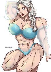 abs arm_behind_head bare_shoulders big_muscles blue_eyes braid breasts cleavage disney elsa_(frozen) extreme_muscles female female_only frozen_(film) large_breasts lips looking_at_viewer muscles muscular muscular_female navel roemesquita solo thighs thong white_hair