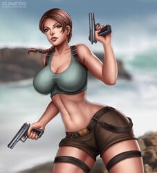 1girls adventurer artist_logo big_breasts breasts brown_eyes brown_hair brown_lipstick brown_nails brown_shorts cleavage crop_top curvy curvy_figure daytime eidos female female_only flowerxl front_view gun lara_croft lara_croft_(classic) large_breasts looking_at_viewer mountains only_female pale-skinned_female pinup pistol short_pants short_shorts shorts solo solo_focus tank_top thigh_holster tomb_raider topwear video_games watermark weapon_in_hand