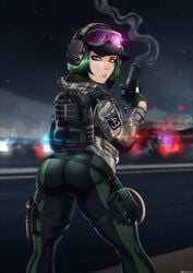 1girls ass blue_eyes blurry_background bubble_ass bubble_butt dat_ass ela_(rainbow_six) female female_only firearm freckles green_hair gun handgun piercing_eyes polish rainbow_six rainbow_six_siege shadman solo standing tight_clothes tom_clancy ubisoft weapon