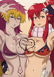 2girls ao_madou-shi ao_no_exorcist armpits blush breast_squeeze breasts chocolate chocolate_on_breasts highres huge_breasts kirigakure_shura large_breasts looking_at_viewer navel simple_background smile tattoo tengen_toppa_gurren_lagann v waving yoko_littner