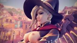 3d alternate_costume areolae blonde_hair blue_eyes breasts breasts_out daintydjinn female female_only ilios_(map) mercy nipples overwatch solo witch_mercy