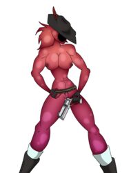 2017 boots breasts bullet clothing digital_media_(artwork) feathers female footwear gloves gun hair handgun hat holding_object holding_weapon legwear long_hair nipples novakid nude pubes ranged_weapon revolver simple_background socks solo standing standing_tough starbound video_games weapon