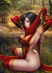 adjusting_clothes armpits ass bandana big_ass black_hair blizzard_entertainment blue_eyes bottomless breasts butt_crack clothes clothing detached_sleeves detailed_background female female_only forest full_body gloves highres human jungon_kim large_breasts looking_at_viewer outdoors pinup short_hair solo tabard tabard_of_flame thighhighs tree vanessa_vancleef warcraft world_of_warcraft