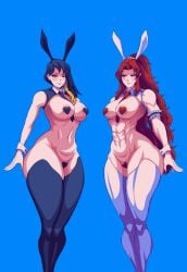 2girls big_breasts binah black_stockings blue_background bunny_ears gebura_(lobotomy_corporation) library_of_ruina lobotomy_corporation muscular project_moon red_eyes red_hair two_tone_hair white_stockings yellow_hair zolotokos