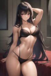 ai_generated black_clothing black_hair bra cleavage dark_lighting fit_female hand_on_head lingerie messy_hair original panties purple_eyes seductive stomach tan_body