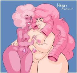 2girls big_thighs breasts breasts_size_difference breasts_squeezed_together cartoon_network chubby chubby_female female female_only hand_on_hip hands_together harvey_mutton looking_at_viewer nipples nude nude_female nudity pink_diamond_(steven_universe) pink_hair pink_skin rose_quartz_(steven_universe) steven_universe thighs vagina