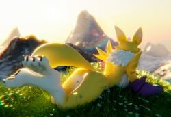 absurd_res anthro armwear armwear_only ass bandai_namco big_breasts big_butt breasts bridal_gauntlets bridal_gauntlets_only clothing digimon digimon_(species) female flower grass hi_res lying mostly_nude on_front outside plant renamon solo tail tenshi_ai