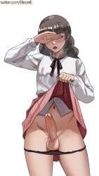 black_panties black_ribbon bottomless brown_hair clothed clothes_lift clothing commentary covering_own_eyes cowboy_shot dickgirl elleciel.eud erection fear_&_hunger_(series) fear_&_hunger_2:_termina female frilled_shirt_collar frills futanari lifting_own_clothes long_hair long_sleeves marina_(fear_&_hunger) marina_(fear_and_hunger) mostly_clothed mouth_piercing neck_ribbon open_mouth panties panty_pull penis pink_skirt pleated_skirt ribbon shirt shirt_tucked_in simple_background skirt skirt_lift solo standing testicles twitter_username uncensored underwear web_address white_background white_shirt