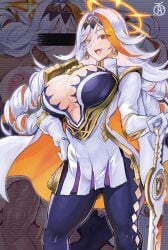 1boy 1girls anal anus ass_visible_through_thighs baldr_(fire_emblem) bar_censor blush bouncing_breasts breasts breasts_out cape censored censored_identity center_opening cleavage clenched_teeth colored_inner_hair diamond_cutout drill_hair drooling earrings female female_focus fire_emblem fire_emblem_heroes full_nelson gloves gold_cape hair_between_eyes halo hand_on_own_hip heterochromia highres huge_breasts instant_loss jewelry long_hair male motion_lines multicolored_cape multicolored_clothes multicolored_hair multiple_views nipples orange_cape orange_hair penis plunging_neckline projected_inset red_eyes revolverwingstudios saliva saliva_trail sex single_hair_streak smile solo_focus straight streaked_hair sweat sword teeth testicles thick_thighs thighs two-tone_cape weapon white_cape white_gloves white_hair yellow_eyes