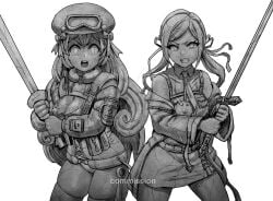 2girls armor belt blush breasts cleavage cowboy_shot female_focus fingerless_gloves gloves greyscale hat helmet jacket jacket_open large_breasts long_hair looking_at_viewer lotusgun monochrome navel necktie nipples open_mouth petrification pouch scar simple_background skirt statue stone_statue teeth torn_clothes weapon white_background wide-eyed