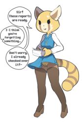 2d aggressive_retsuko aggretsuko anthro bottomless breasts clothed clothing dialogue english_text female footwear fur furry furry_only hi_res high_heels itsunknownanon legwear mammal no_panties office_lady paper partially_clothed pussy red_panda retsuko sanrio shoes simple_background smile smooth_skin solo speech_bubble stockings tail text unseen_character white_background