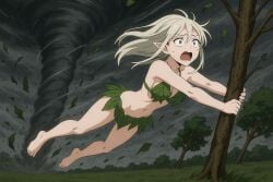ai_generated bare_legs bare_midriff barefoot bikini blonde_hair blown_away damsel_in_distress defenseless dragged elf elves feet forest holding leaf_clothing nature open_mouth peril sexy silver_hair storm swimsuit tornado wind wind_lift