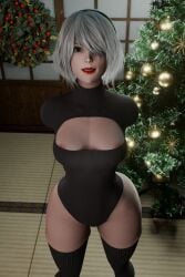 1girls 3d areolae areolae_slip blender christmas_tree christmas_wreath enigmaj female_focus female_only green_eyes hourglass_figure leotard light-skinned_female looking_at_viewer nier nier:_automata nier_(series) one_eye_covered red_lipstick solo_female thick_thighs thighhighs white_hair wide_hips yorha_2b