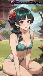 1girls ai_generated anime anime_style aqua_bra aqua_panties architecture bangs bare_arms bare_shoulders blue_eyes blunt_bangs blush bow bow_panties bra breasts bust busty cleavage closed_mouth cloud collarbone day earrings east_asian_architecture female female_focus female_only flower grass green_bra green_hair green_panties hair_flower hair_ornament hair_over_shoulder hentai jewelry kusuriya_no_hitorigoto long_hair looking_at_viewer makeup maomao_(kusuriya_no_hitorigoto) medium_breasts natsuyoru navel outdoors panties parted_lips red_flower red_lips red_rose rose sitting sky smile solo solo_female stomach thighs tree underwear underwear_only voluptuous voluptuous_female