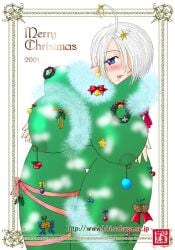 1girls angel angel_(kof) apple bell bending_forward bent_forward big_breasts blue_eyes bodysuit bow bowtie breasts busty cameltoe christmas christmas_clothing christmas_lights christmas_outfit christmas_present christmas_tree costume cute decoration earring female green_clothing hands_on_breasts huge_breasts king_of_fighters light-skinned_female light_skin nipple_bulge nipples_visible_through_clothing one_eye_covered one_eye_obstructed pale-skinned_female pale_skin shiny shiny_clothes shiny_skin short_hair star thick thick_legs thick_thighs thighs tie tight tight_clothes tight_clothing voluptuous voluptuous_female white_hair wide_hips wings